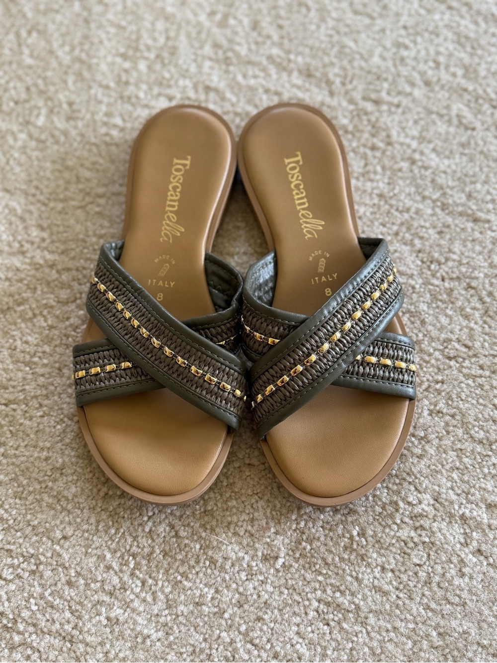 Toscanella Women’s Olive Green Braided Cross-Strap Slide Sandals Size US 8